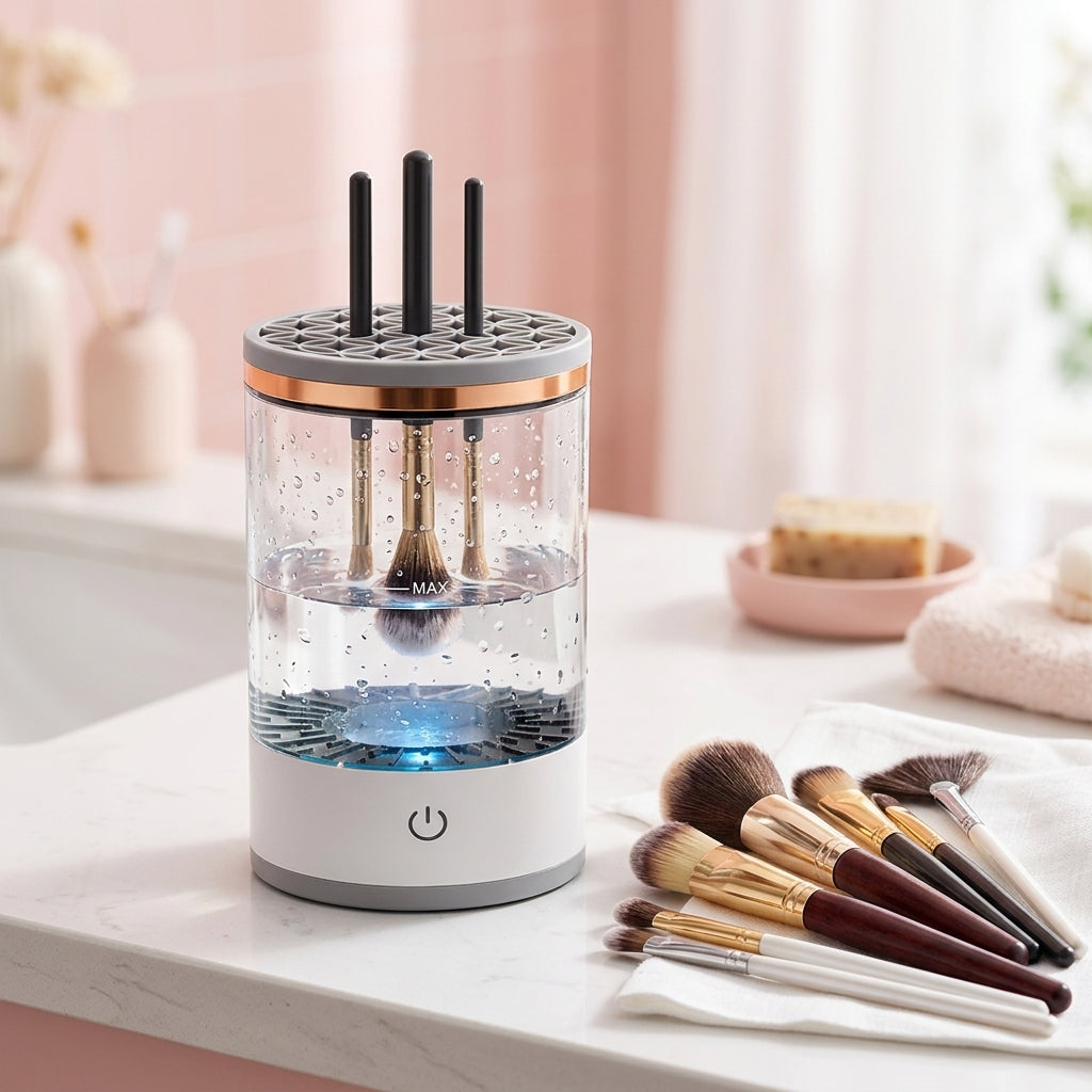 Limpiador de brochas BeautyBrushClean con brochas limpias al lado